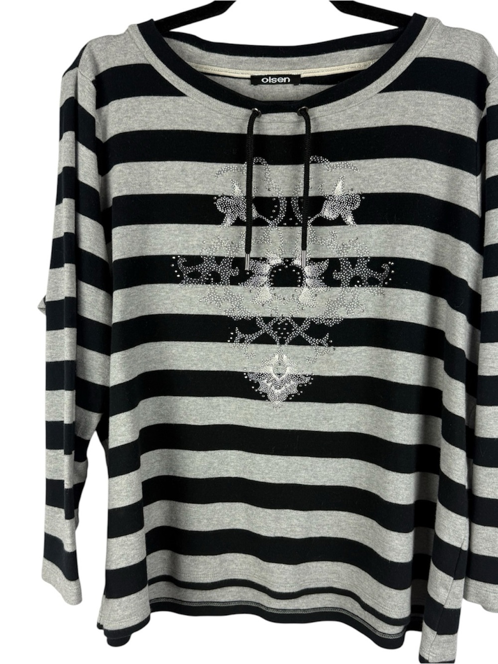 Olsen Striped Rhinestone Graphic Top Size XL Grey Black Cotton Drawstring Neck